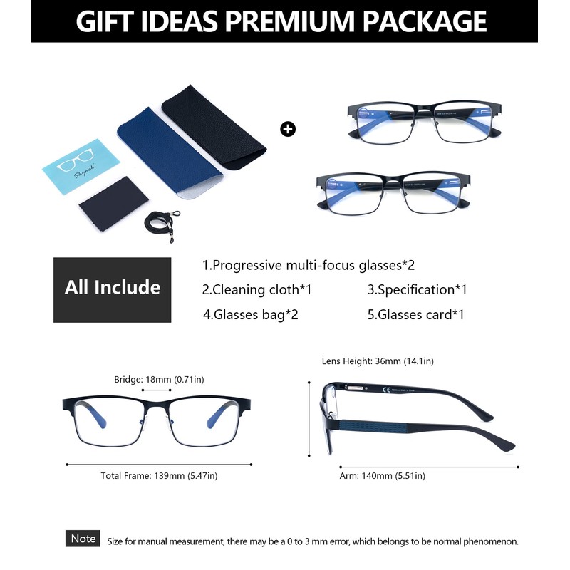 SKYOAK 2 Pack Refined Progressive Multifocus Reading Glasses Men Blue