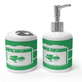 Ambesonne St Patrick's Day Soap Dispenser & Toothbrush Holder Set, Beer Mug with Foamy Drink Irish Party Simplistic Drawing, Ceramic Bathroom Toiletry Accessories, 2 Pcs, Shamrock Green and White