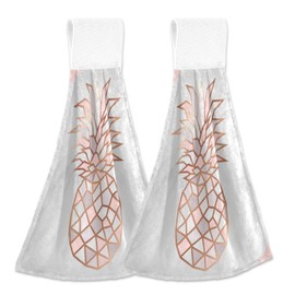 ALAZA Rose Gold Pineapple on Pink and White Marble Kitchen Towels with Hanging Loop Absorbent & Fast Drying Dishtowels Set of 2