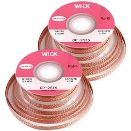 2pcs Solder Wick Braid, No-Clean Desoldering Wick Braid Flux 2.5mm/0.1inch Width, 1.5m/5feet Length for Remove The Solder Electrical Components(Copper)