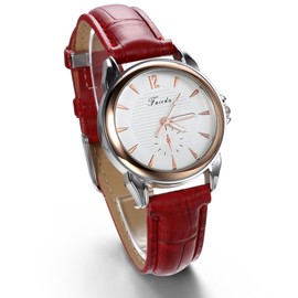 JewelryWe Red Leather Band Charm Women's Watch Leather Strap Watches