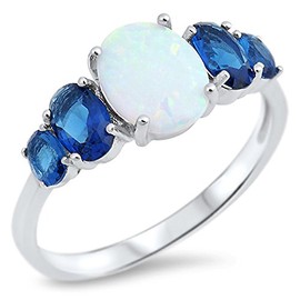 Blue Simulated Sapphire White Simulated Opal Oval Ring .925 Sterling Silver Band Size 7