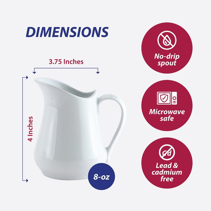 HIC Creamer Pitcher with Handle, Fine White Porcelain, 8-Ounces