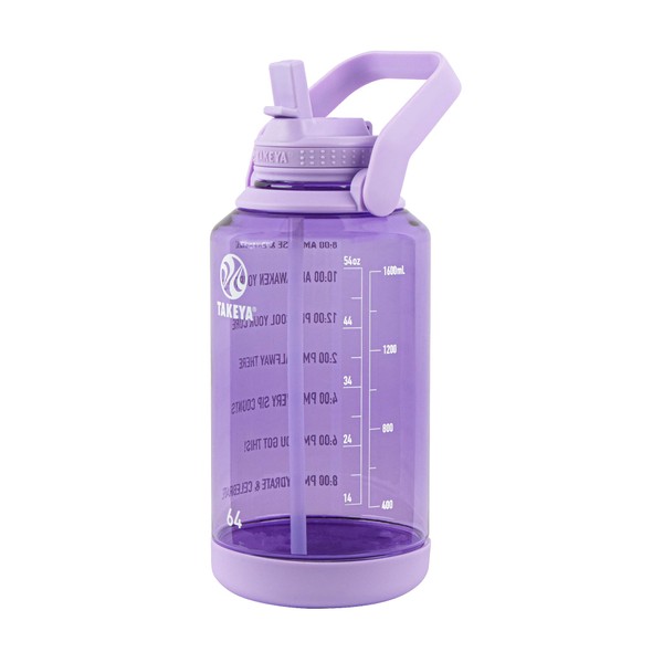 Takeya Premium Quality Motivational Water Bottle with Straw Lid with Times to Drink, BPA Free Tritan Plastic, 64 oz, Vivacity Purple