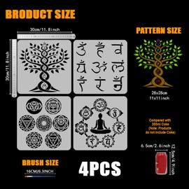 FINGERINSPIRE 4Styles Religious Themes Stencils with a Brush 30x30cm Chakra Symbols Painting Templates Yoga Pattern Stencils PET Tree of Life Templates Om Symbols Template for Wood Wall Floor Tiles