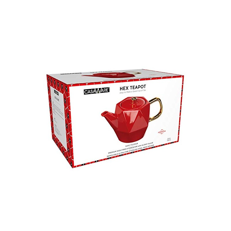 casaWare 24-Ounce Premium High-Fired Stoneware Hex Teapot with a Glossy