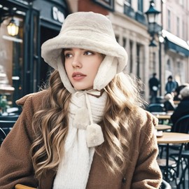 Croogo Winter Bucket Hat with Ear Flaps Fisherman Cap for Women Men Solid Color Style Cold Weather Outdoor,White-FHWP2402