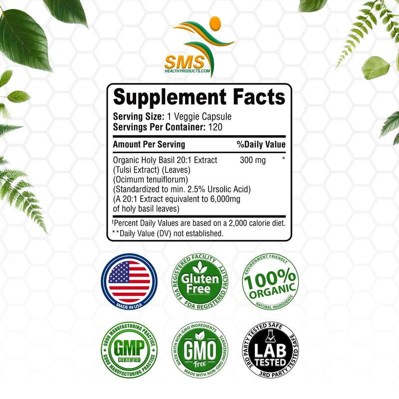 Smshealthproducts Holy Basil 20:1 Extract 2.5% Ursolic Acid Organic 120