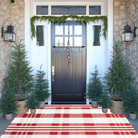 Christmas Door Mat Outdoor 3' x 5' Red and White Plaid Rug Christmas Decor Rug Cotton Hand-Woven Layered Door Mats Washable Carpet for Front Porch, Kitchen, Farmhouse, Entryway (3' x 5')