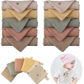 Forhome Pack of 10 Baby Muslin Washcloths, Children's Napkins, Hand Towel Set for Newborns, 23 x 23 cm, Face Towels and Bath Towel, Reusable Baby Washcloth, 100% Cotton, Random Colour