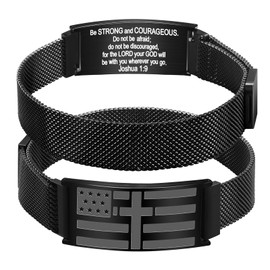 Alissl American Flag Cross Bracelet for Men: Stainless Steel, Christian Bible Verse Bracelets Catholic Jewelry Gifts (Joshua 1:9B Black), One size fits all, Joshua 1:9B, no gemstone