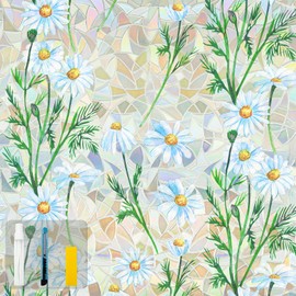 QHY Sunshine Privacy Window Film with Installation Tool Decorative Stained Glass Window Stickers Reusable Window Film (Leafy Daisy, 17.5 x 78.7)