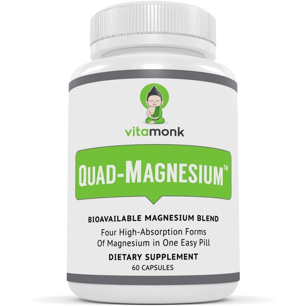 Quad Magnesium™ Supplement Blend - High Absorption Magnesium Complex with Glycinate Chelate, Orotate, Taurate and Dimagnesium Malate for Sleep, Stress Relief, Heart Health, Anxiety & Mood - Vitamonk