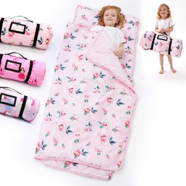 Nap Mat with Pillow Blanket Set: Pink Floral Sleeping Mats for Toddler Kids - Thick Large Roll up Slumber Bag for Daycare Preschool Kindergarten Boys Girls