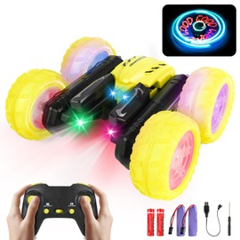 Deeak Remote Control Car - Upgraded RC Stunt Cars Toys with Cool Font Lights, Double Sided 360°Rotating 4WD Drift Car with Headlights Wheel Light for Ages 6-12 Kids Birthday Toy for Boys Girls Yellow