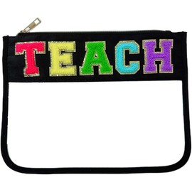 Siwara Teacher Stuff Travel Makeup Bag Teach Bag Teacher Appreciation Gifts Teacher Accessories Chenille Letter Bags for Zipper Pouch Clear Pencil Case (Black-Teach)