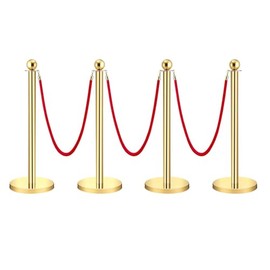4PCS Gold Stainless Steel Stanchion Post Queue 5 Ft Red Velvet Rope Red Carpet Ropes and Poles Crowd Control Barriers Sand Injection Hollow Base and Velvet Ropes Set for Party Supplies