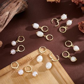 PH PandaHall 16Pcs Natural Pearl Earrings with 18k Gold Small Hoop 3 Styles Pearl Drop Dangle Earrings Gold Hoop Earrings Dangle Small Huggie Hoop Earrings for Women