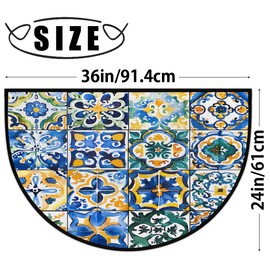 Peaom Ethnic Mexican Tile Half Round Door Mat Indoor Entrance Low Pile Non Slip Absorbent Semi Circle Welcome Mats Doormats 36x24 in Floor Mats for Home Kitchen