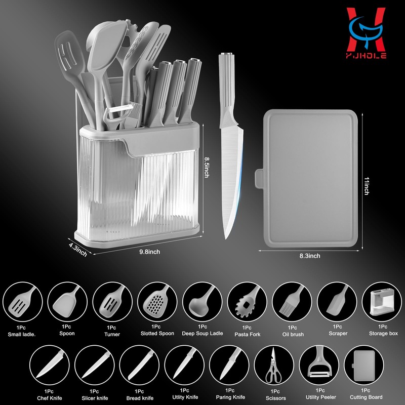 YJHOLE 17pcs Kitchen Utensils Set with Sharp Stainless Steel Knives