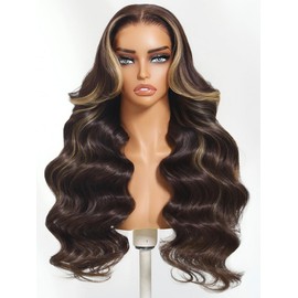 UNICE Chocolate Brown with Blonde 7x5 Lace Front Wigs Human Hair Body Wave with Face Framing Bangs Pre Everything Bye Bye Knots Glueless Wig Human Hair Pre Plucked Pre Cut Natural Hairline 18 inch