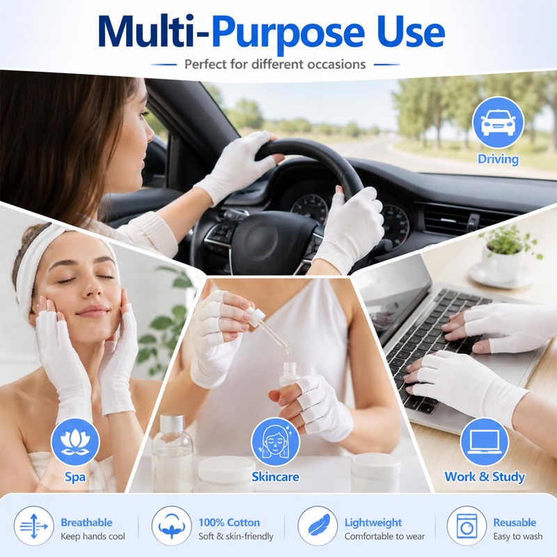 Thfaeyta 6 Pairs Fingerless Cotton Gloves Moisturising Adults Reusable White