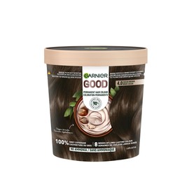 Garnier GOOD Permanent Hair Dye, 100% Grey Coverage, Ammonia-Free, Vegan Hair Colour, with Shea Butter Conditioner, Long-Lasting Glossy Colour for 8 Weeks, No-Drip Formula, 4.0 Cacao Brown