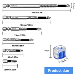High Magnetic Screwdriver Drill Bit Set, 6Pcs Magnetic Screwdriver Bits with Blue Magnetiser, Anti-Slip Strong Grip Professional Driver Bits, 25 50 65 75 100 150mm