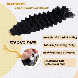 Deep Wave Tape in Hair Extensions 18inch Natural Black Tape in Real Human Hair Extensions for Black Women Colored #1B Deep Wave Extensions Double Sided Skin Weft Seamless 20PCS 50G