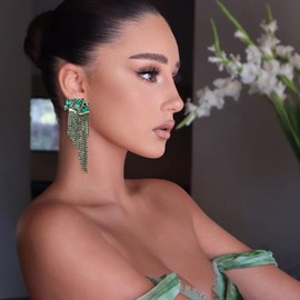 Flyonce Wedding Bridal Long Chandelier Tassel Earrings, Rhinestone Crystal Floral Flower Fringe Statement Chain Dangle Drop Earrings for Women Green