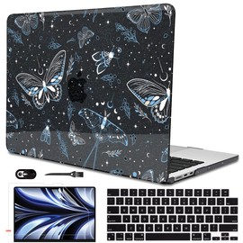LCMOCICO for 2025 MacBook Air 13.6 Inch Case M4 A3240 M3 A3113 M2 A2681 2024 2023 2022 Release, Glitter Black Printed Plastic Hard Shell Cover for Mac Air 13.6 M4 M3 M2 Chip Touch ID, Butterfly Sky