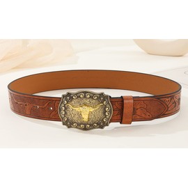 Utaly Western Cowboy Cowgirl Leather Belts - Women Men Turquoise Embossed Waist Belts With LongHorn Bull Buckles Fit 25-39”