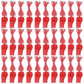 50 Pieces Plastic Whistles with Lanyard Loud Crisp Sound Whistles Bulk for School Trainning Christmas Birthday Party Goody Bag Fillers Party Noisy Whistles (red)
