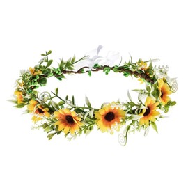 Sunflower For Girls Women, Bridal Daisy Flower Leaf Bride Hair Accessories Floral Wreath Headband With Ribbon For Wedding Birthday Vacation Party Festival Photo Prop (Multicolor, One Size)