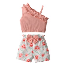 Toddler Baby Girl Clothes Set Little Girl Summer One Shoulder Sling Tops Shorts Outfits Set Pink 18-24 Months
