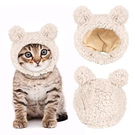 JOICEE Cute Cat Costume Warm Bear Hat for Cat Adjustable Soft Small Pet Headwear Bear Hat for Cat Puppy Dog White