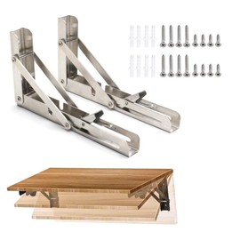Folding Shelf Brackets, 2 Pcs Heavy Duty 304 Stainless Steel Collapsible Triangle Shelf Bracket, DIY Wall Mounted Folding Table Hinge, Space Saving for Bench Table with Screws (Silver, 12 in)