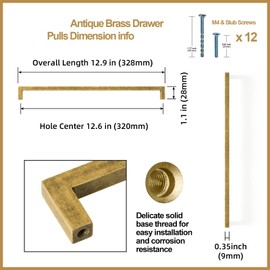 Yanxia Antique Brass Cabinet Handles, Rustic Refinement Drawer Pulls for Kitchen, Cabinet Hardware for Bedroom, 12-3/5 Inches Center to Center, 6 Pack (Model 8235)