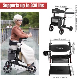 Rollator Walker for Seniors/Adults Foldable in Two Directions Rolling Walker with Seat 330 lbs Capacity 4 Big 8 inch Wheels Hand Grips Adjustable Height Lightweight Aluminum Walker 7204(Black)