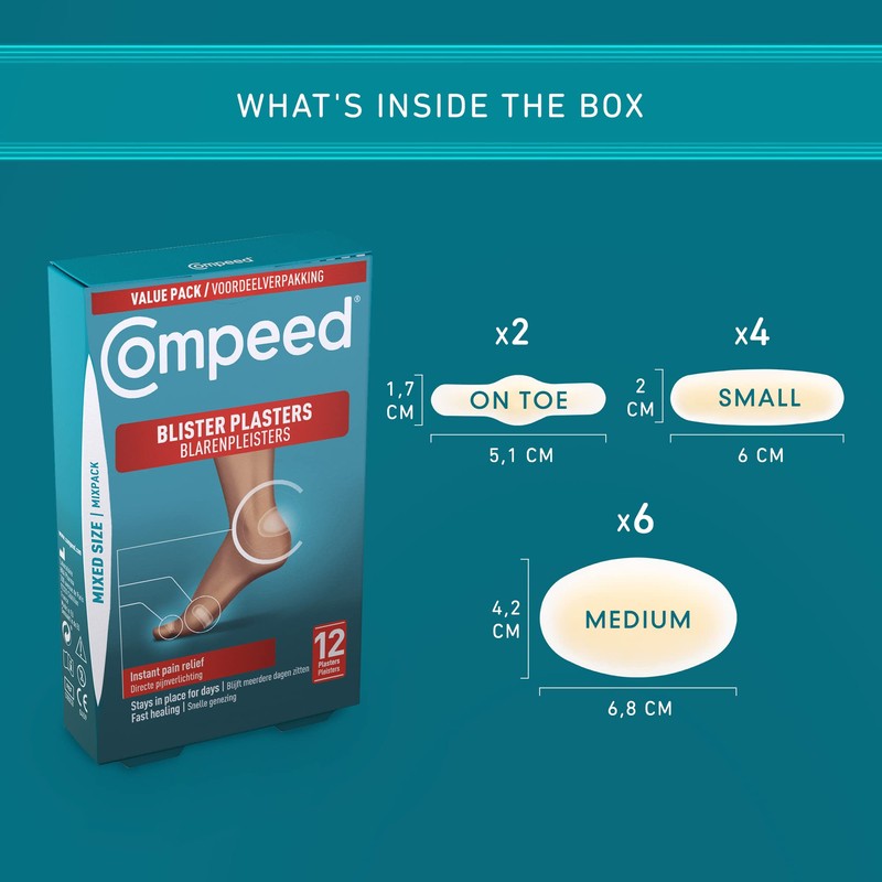 Compeed Mixed Size Blister Plasters, 12 Hydrocolloid Plasters, Foot Treatment,