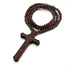 Hip-Hop Natural Wood African Map Cross Allah Pendant 8MM Wooden Bead Chain Rosary Necklaces for Men Women Boys-Brown Cross