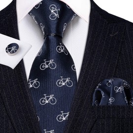 Barry.Wang Fun Animal Ties for Men Designer Handkerchief Cufflink WOVEN Necktie Set (Blue Bike)