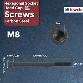 Kozelo 5pcs Socket Head Cap Screws - [M8-1.25 x 120mm] Alloy Steel Black Oxide Grade 12.9 Internal Hex Screw for 3D Printer Furniture Industrial Use, Black