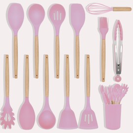 Kitchen Utensils Set 12 Pieces Nonstick Silicone Cooking Utensils Wood Handle Silicone Cooking Utensils Set with Holder Dishwasher Safe BPA Free (Pink)