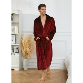 U2SKIIN Mens Fleece Robe Plush Collar Shawl Bathrobe(Dark Red,L/XL)