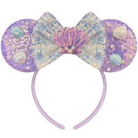 Trnerm Mermaid Mouse Ears Headband, Sequin Park Ears with Silver Bows, Mermaid Birthday Party Supplies