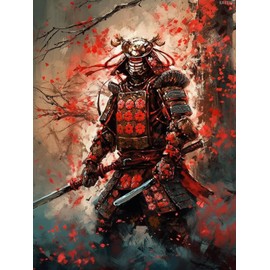 KAYEIUU Japanese Armored Samurai Anime Asian Warrior Figure Red Plum Blossom Vintage 5D Adult Diamond Art, DIY Diamond Art Painting Kit for Decor Canvas 12x16in