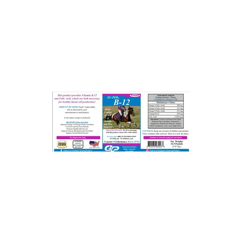 Super B-12 Vitamina En Polvo Omegas Para Caballos 2.5lb