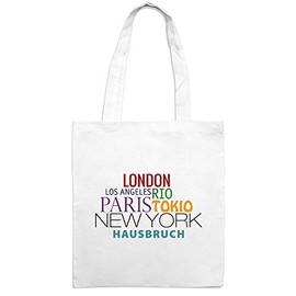 Jutebeutel mit Stadtnamen Hausbruch - Motiv Famous Cities in The World - Farbe weiß - Stoffbeutel, Jutesack, Hipster, Beutel
