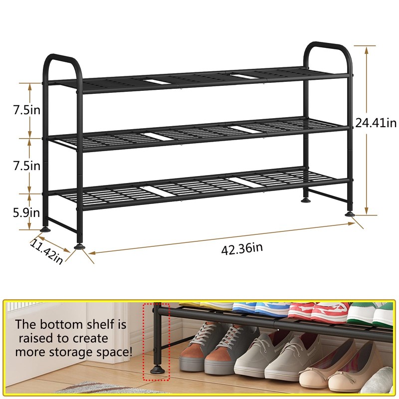 LINZINAR Shoe Rack 3 Tier Long Metal Shoe Organizer for